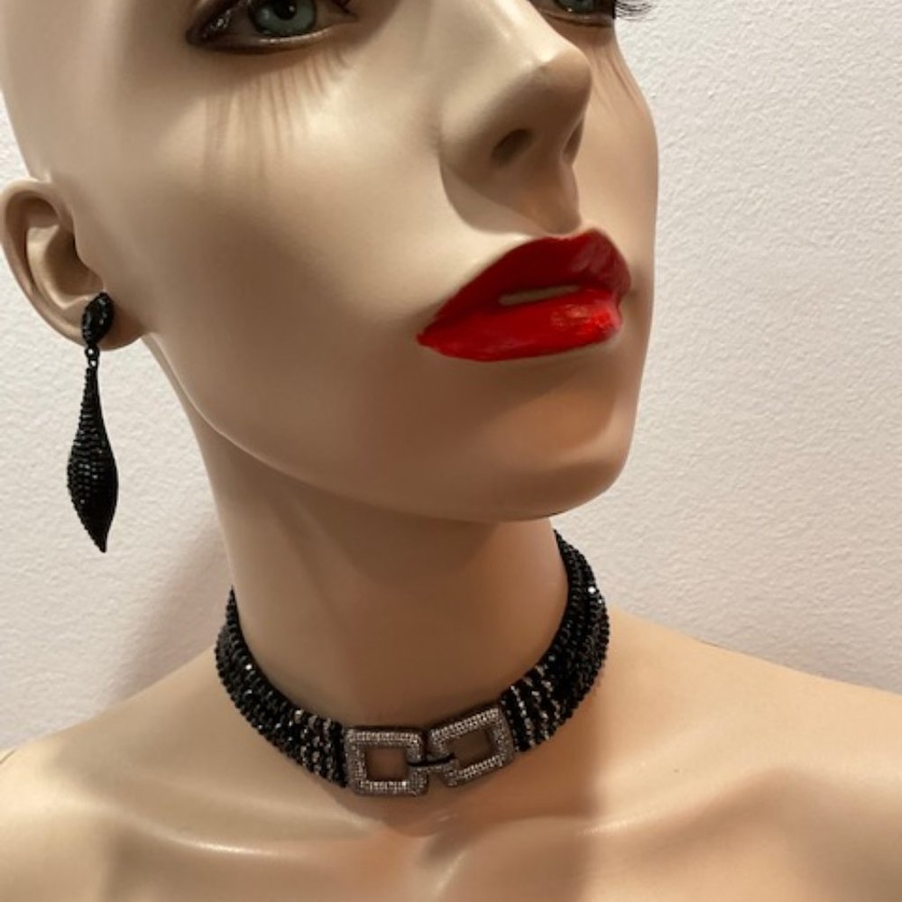 Black Crystal Choker With CZ Pendant in the center Handmade in the USA